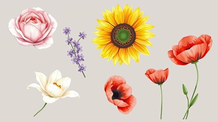 Blooming Summer Flowers Sunflowers Poppies Roses Lilies