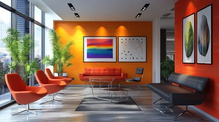 Modern office lounge with vibrant orange accents and contemporary art decor