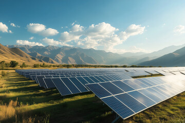 A vast solar farm spread across a valley, framed by breathtaking mountains under a clear blue sky.
