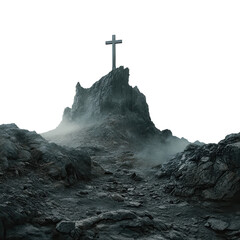 Sacred Ascent: A solitary cross stands atop a rugged mountain peak, shrouded in mist, symbolizing faith, spirituality, and hope. The monochrome palette enhances the scene's solemnity.