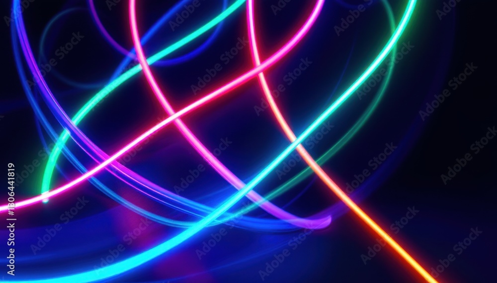 Poster vibrant neon light trails in dark background with multicolored glowing lines