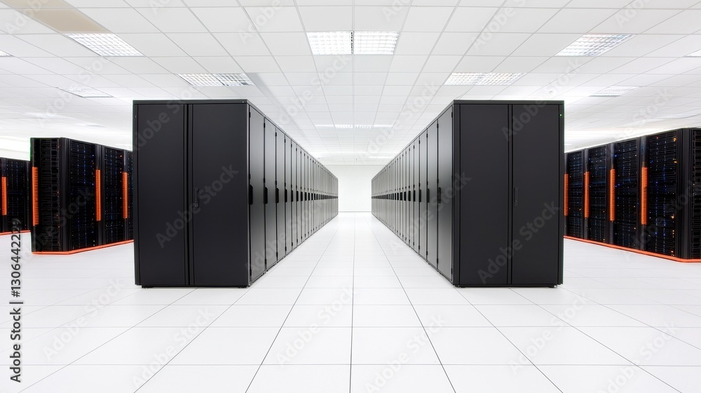 Poster modern data center with server racks and bright lighting display