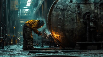 Industrial worker welding in factory with sparks and machinery