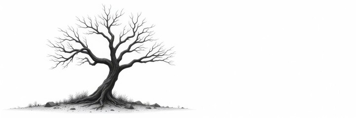 Fototapeta premium Black and white image of a single dead tree on pure white , monochrome, texture