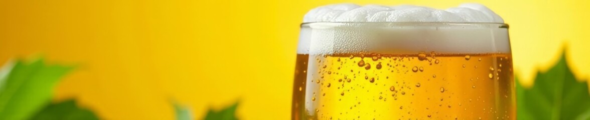 Close-up frothy beer, hop accents, yellow backdrop, foam, malt