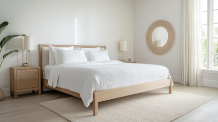 Minimalist bedroom with natural wood furniture and round mirror in bright neutral tones