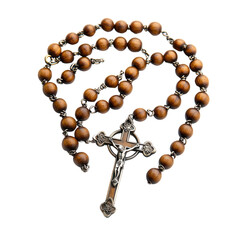 Symbol of Faith: A detailed studio shot captures a wooden rosary, its beads and crucifix gleaming against the backdrop, evoking themes of spirituality and devotion.