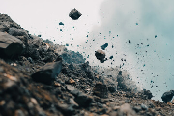 Dramatic Falling Rocks and Dust Explosion in Volcanic Eruption Landscape