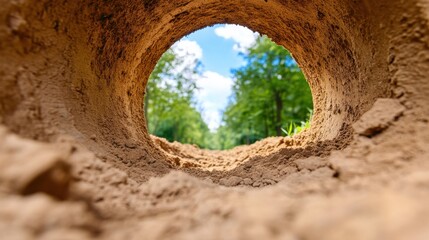 View from inside a sand tunnel, opening to a bright, green forest.