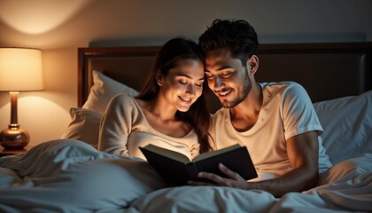 Couple reading together, happy and relaxed in bed at night with bedside lamp on