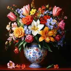 Vibrant floral bouquet in ornate vase.