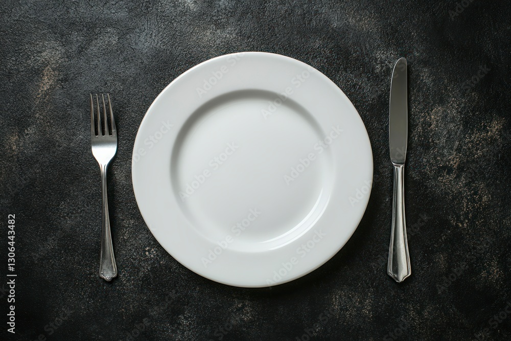 Poster clean empty plate with knife and fork on dark textured background