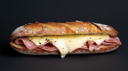 A gourmet sandwich with ham, Swiss cheese, and Dijon mustard on a crispy baguette,