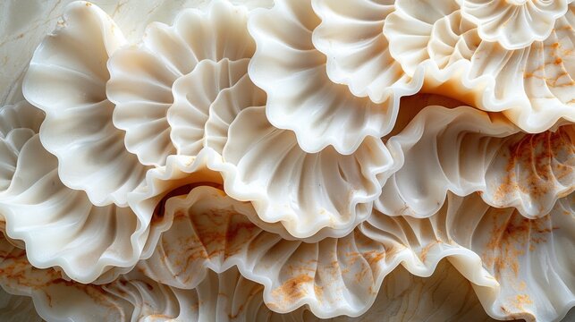 Abstract marble shell pattern with flowing creamy ruffled shapes and subtle orange accents