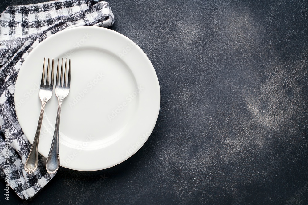 Poster empty plate with forks and checkered napkin on dark textured background