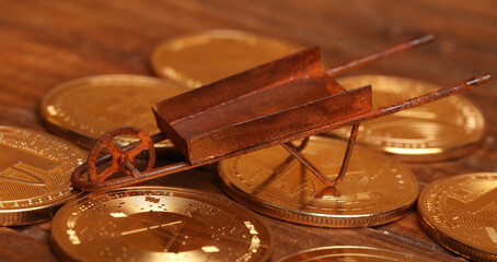 miner's cart with virtual coins in the background