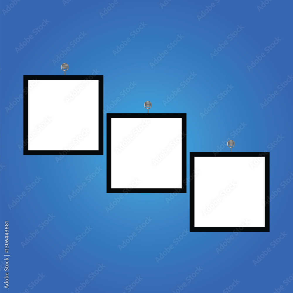 Poster set of 3 vector picture frames hanging on blue wall. mock up frame photo. blank frame. realistic pho