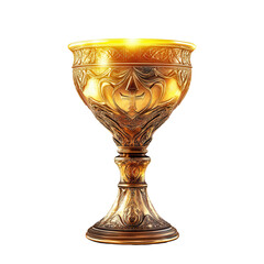 Golden Chalice of the Ages: A close-up shot of a meticulously crafted, ornate golden chalice, radiant with an inner light and rich with historical detail.