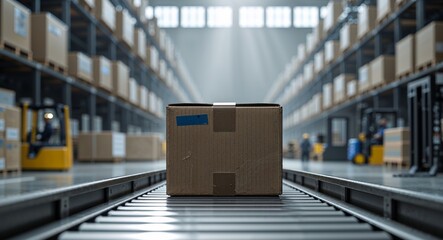 Brown cardboard box on conveyor belt in warehouse setting showing logistics and distribution process in action.