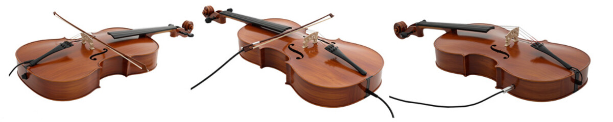 Various views of elegant violins. Set of png on transparent background