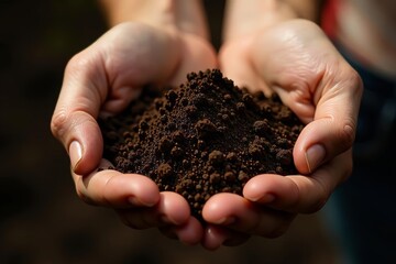 Dark brown soil clutched in a hand, rich texture shown , dirt, soil