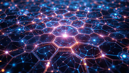 Obraz premium Futuristic Glowing Blockchain Network, Abstract Digital Data Grid, AI Neural Connections, High-Tech Cyber Technology, Quantum Computing, Decentralized System Visualization