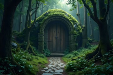 Obraz premium A mystical forest with an ancient stone door leading to another dimension.