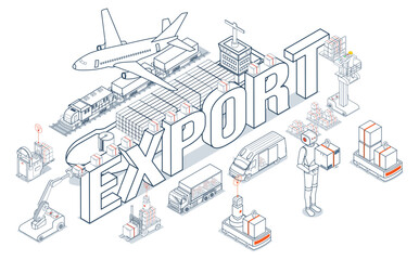 Global logistics facilitates the export of containerized cargo via ships, trucks, forklifts, and trains from industrial ports, enabling worldwide transportation.
