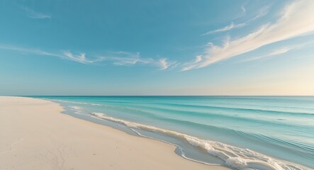 Fototapeta premium Majestic coastline with stunning blue waters and sandy shore under bright sky