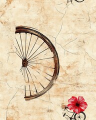 Fototapeta premium Artistic Illustration of Bicycle Wheel and Flower on Textured Vintage Background