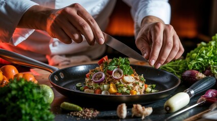 Close-up of a chef preparing a gourmet dish with fresh ingredients and vibrant colors