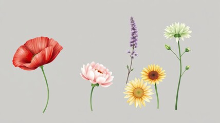 Blooming Summer Flowers Poppy Sunflower Peony Illustration