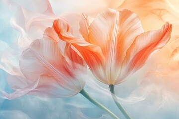 Fototapeta premium Two delicate peach-colored tulip blossoms unfurl against a backdrop of swirling blue and orange, creating a serene, artistic flora