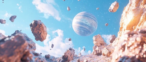 Naklejka premium Surreal Exoplanet Landscape with Floating Asteroids and Distant Gas Giant Planet in a Bright Sky Concept of Space Exploration, Science Fiction, and Cosmic Wonder