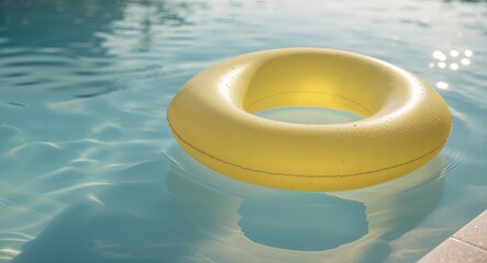 Yellow Inflatable Pool Ring in Summer Pool Water.