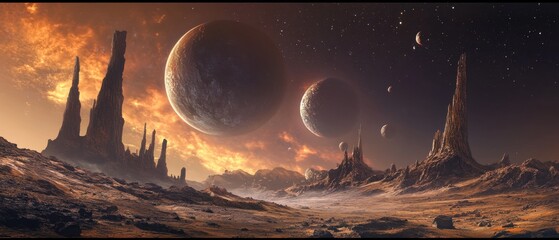 Surreal alien planet landscape with rocky mountains, planets, and stars in the sky Concept of science fiction, exploration, and fantasy