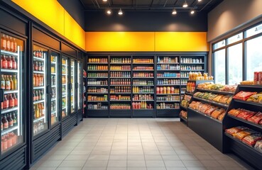 Interior of convenience store with assorted beverages, snacks. Retail grocery with cooler refrigerators, product assortment. Supermarket market shelves stocked with variety of merchandise,