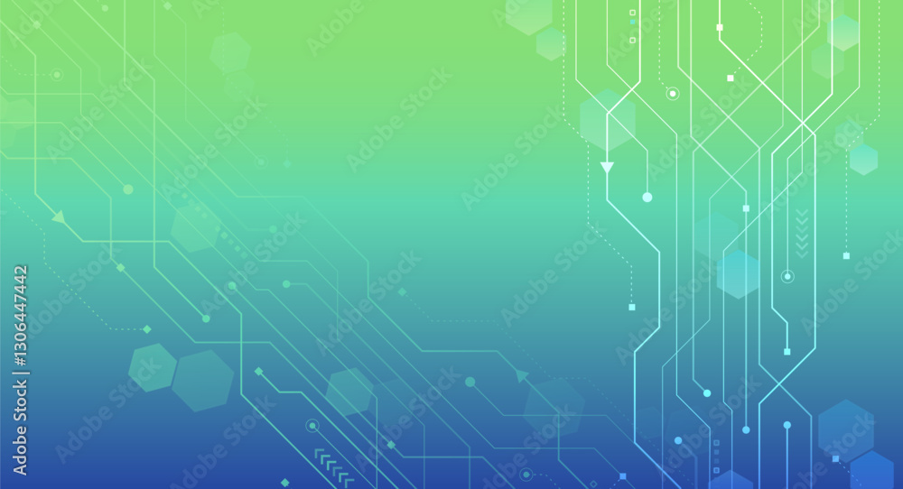 Poster Vector illustration of circuit board and hexagons. Abstract futuristic communication. Hi-tech blue background with various technology elements.