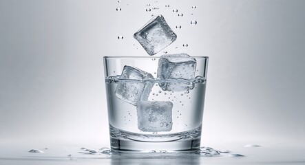 Ice cubes falling into water creating bubbles
