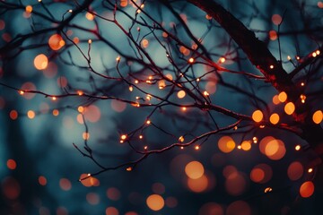 Bare Branches Adorned with Festive Golden Lights Create a Magical Holiday Night Scene