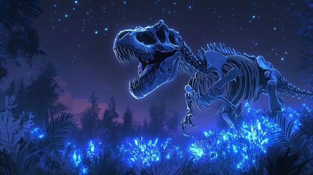Glowing T Rex Skeleton in a Night Forest with Bioluminescent Plants