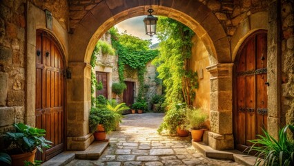 Sunlit Courtyard with Ancient Stone Archway and Ornate Wooden Doors