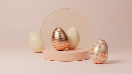Easter eggs podium for product presentation, happy easter day concept, minimal scene with pedestal and egg, Easter day with geometry platform for product, showcase on pedestal display, 3d rendering