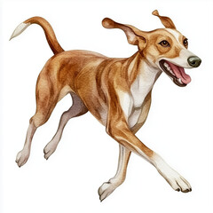 Illustration of the Greyhound dog, running towards, soft watercolor tones, white background, detailed illustration, cartoonish.