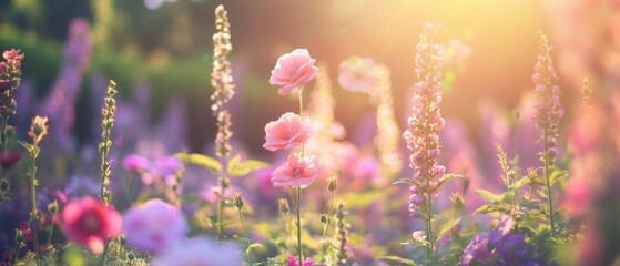 Obraz premium Dreamy floral landscape with pink poppy flowers and lavender blossoms in a sunlit meadow at golden hour, creating a serene and romantic spring scene