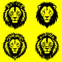Four lion head illustrations in black and yellow, showcasing variations in mane and facial features.