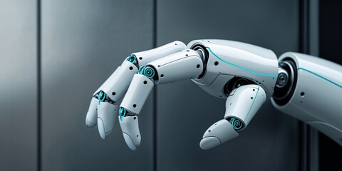 Close Up of a White Robotic Hand with Light Blue Accents on a Grey Metallic Background