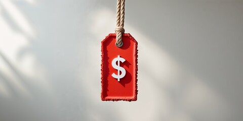 Red Textured Price Tag With Dollar Sign Hanging From Rope