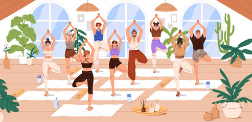 People stand in tree pose in yoga class. Men and women are training, practice physical exercises with coach together. Group sports workout with trainer, instructor in gym. Flat vector illustration