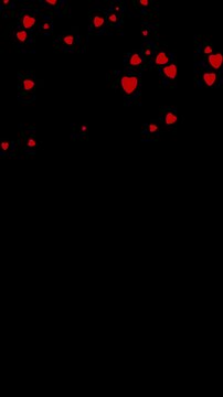 Red love hearts falling gently like snowflakes . Flat graphic animated overlay with transparent background alpha